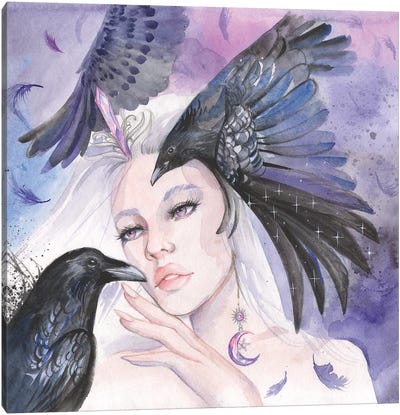 Night Goddess Nyx And Black Raven Canvas Art Print - Mythological Figures