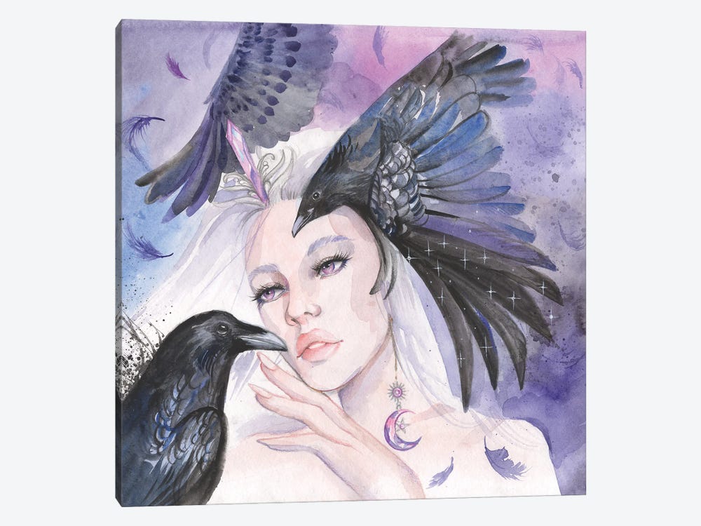 Night Goddess Nyx And Black Raven by Yana Anikina 1-piece Canvas Wall Art