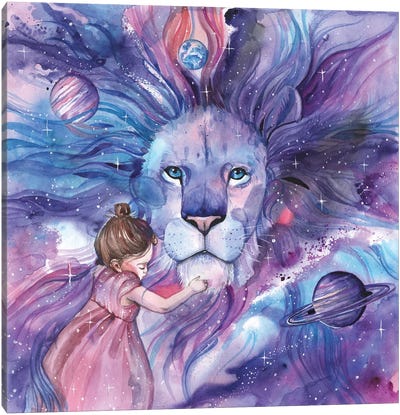 Space Lion And Girl Canvas Art Print - Yana Anikina