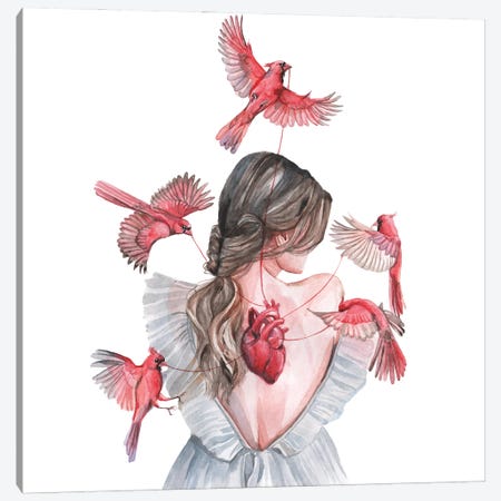Woman And Birds Red Cardinal Canvas Print #YAN58} by Yana Anikina Canvas Artwork