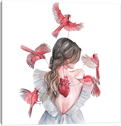Woman And Birds Red Cardinal Canvas Art Print - Yana Anikina