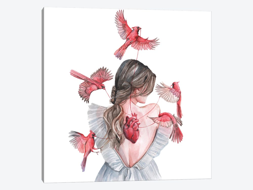 Woman And Birds Red Cardinal by Yana Anikina 1-piece Canvas Wall Art