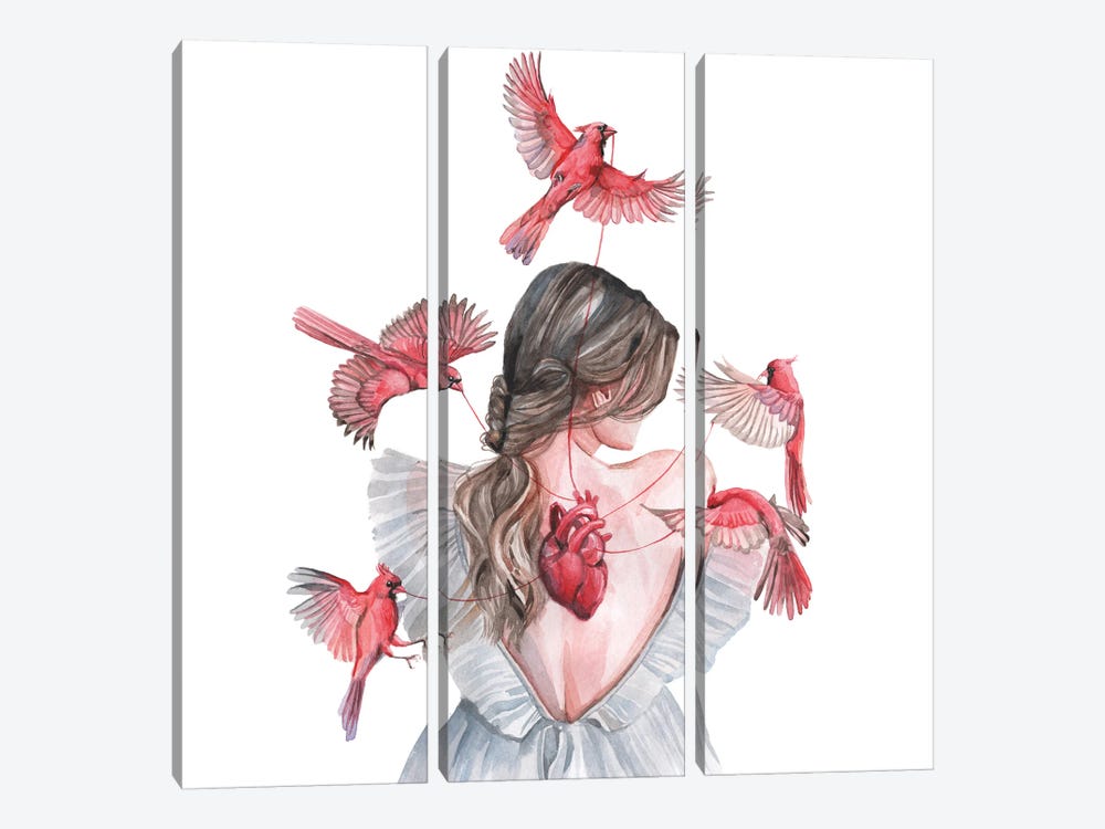 Woman And Birds Red Cardinal by Yana Anikina 3-piece Canvas Wall Art