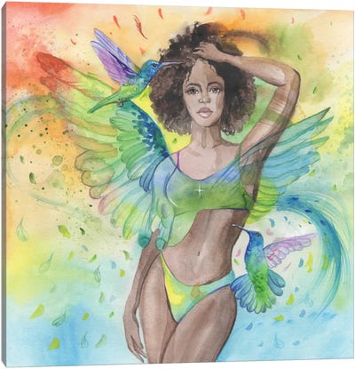 Woman And Hummingbird Watercolor Canvas Art Print - Yana Anikina