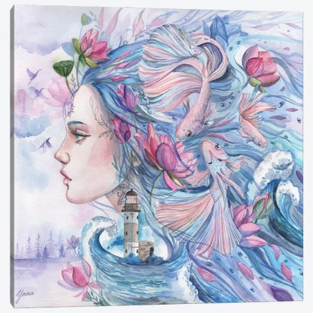 Portrait Goddess Sea With Fish And Lotuses Canvas Print #YAN68} by Yana Anikina Art Print