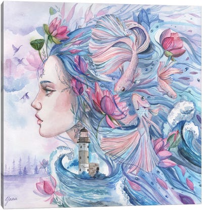 Portrait Goddess Sea With Fish And Lotuses Canvas Art Print - Yana Anikina