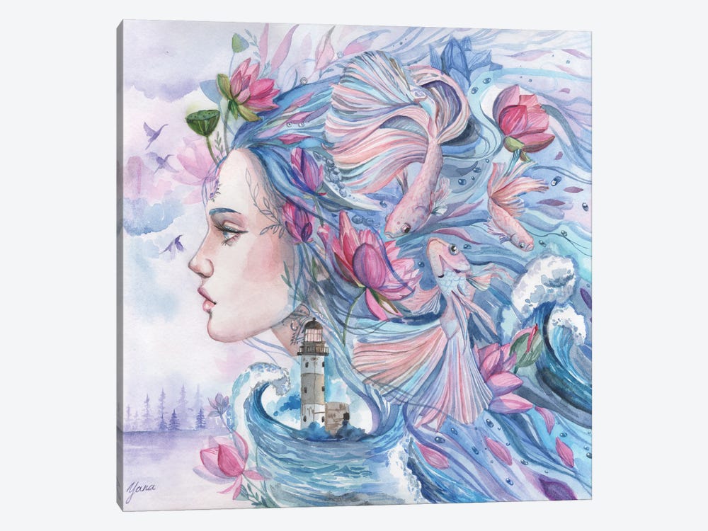 Portrait Goddess Sea With Fish And Lotuses by Yana Anikina 1-piece Canvas Print