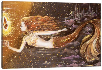 Golden Mermaid And Crystal Canvas Art Print - Mermaid Art
