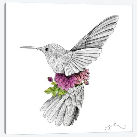 Hummingbird And Dhalias Canvas Print #YAR12} by Yanin Ruibal Canvas Wall Art