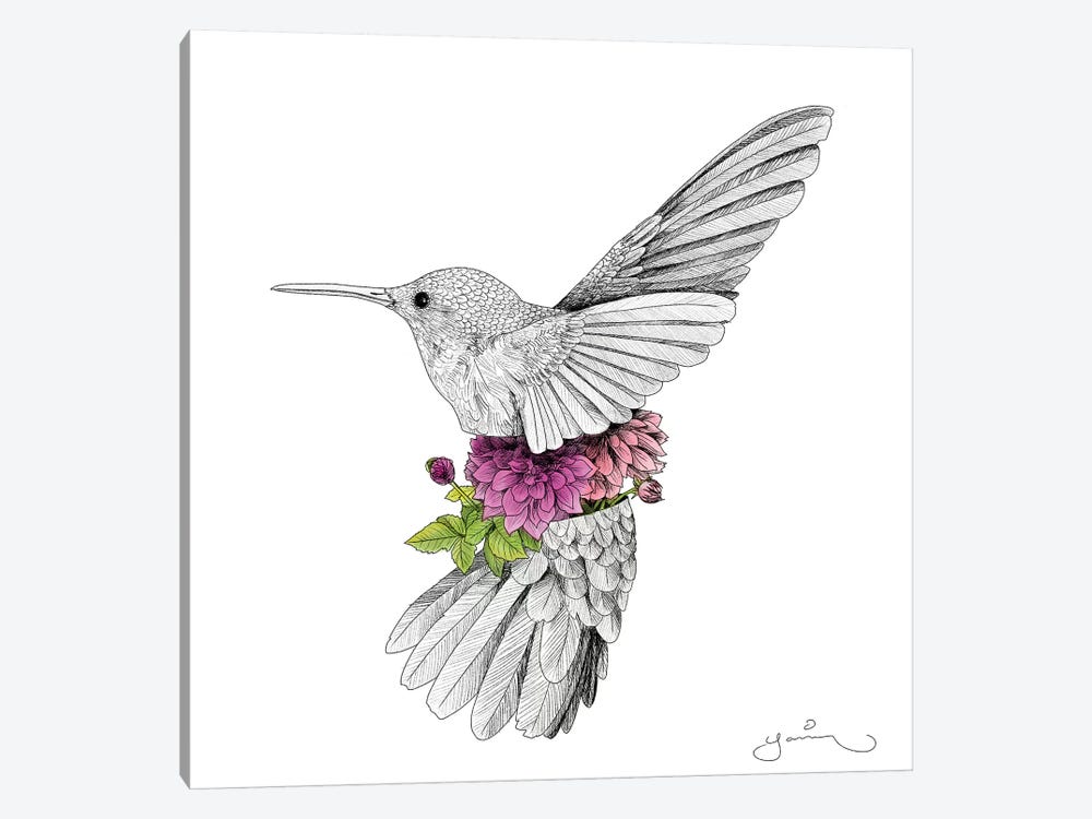 Hummingbird And Dhalias by Yanin Ruibal 1-piece Canvas Art Print