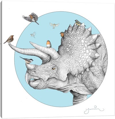 Triceratops And Birdies Canvas Art Print - Kids Dinosaur Art