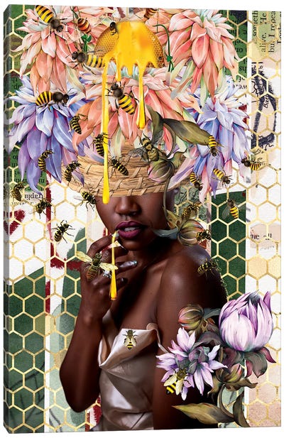 Women In Bloom- Queen Bee Canvas Art Print - Floral Portrait Art