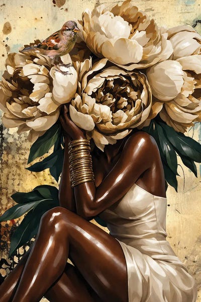 Black & Dark Art - Canvas Prints: Cream Peony WIB by Yvonne Coleman Burney