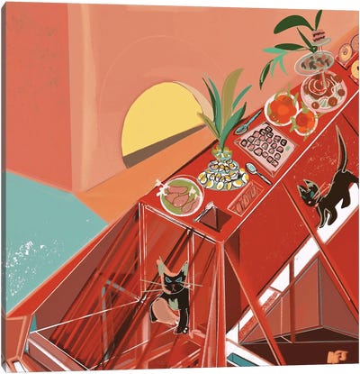 Dining Room Cats Canvas Art Print - Red Art