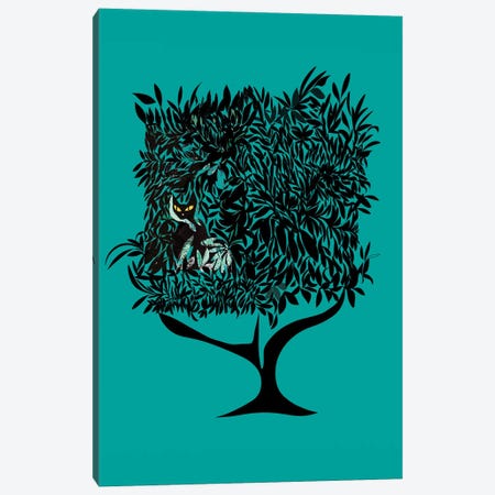 Teal Cat In Tree Canvas Print #YCG2} by Year of the Cat Canvas Artwork