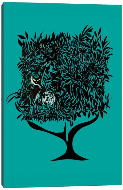 Teal Cat In Tree Canvas Art Print - Black Cat Art