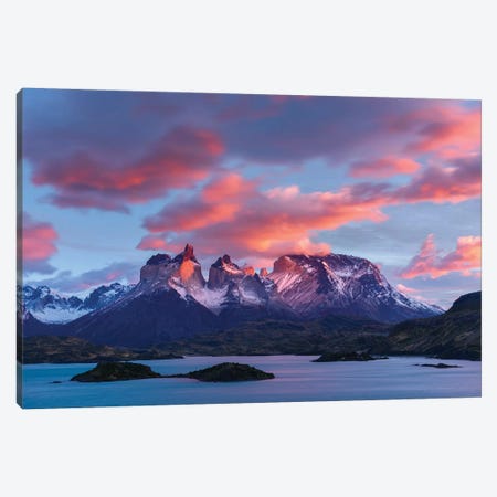 Chile, Torres Del Paine National Park. Sunrise Over The Horns (Cuernos Del Paine) And Lake Pehoe. Canvas Print #YCH106} by Yuri Choufour Canvas Print