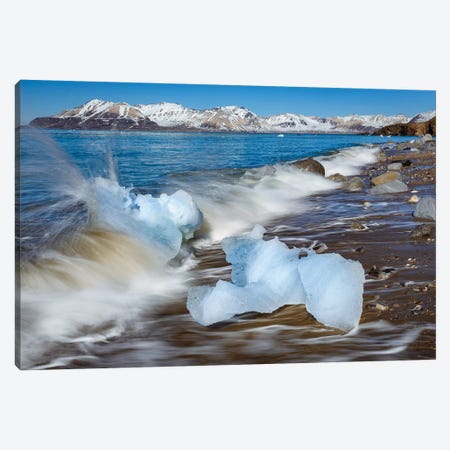 Norway, Svalbard, Spitsbergen. 14Th July Glacier, Waves Crash Onto Shoreline And Glacial Ice. Canvas Print #YCH139} by Yuri Choufour Canvas Art Print