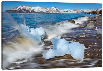 Norway, Svalbard, Spitsbergen. 14Th July Glacier, Waves Crash Onto Shoreline And Glacial Ice. Canvas Art Print - Yuri Choufour