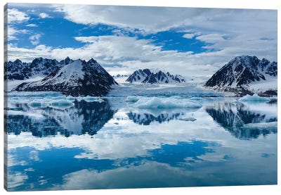 Norway, Svalbard, Spitsbergen. Monacobreen Glacier And Mountain Reflections. Canvas Art Print - Yuri Choufour