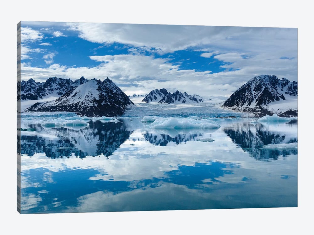 Norway, Svalbard, Spitsbergen. Monacobreen Glacier And Mountain Reflections. by Yuri Choufour 1-piece Canvas Art