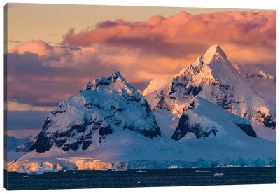 Antarctica, Antarctic Peninsula, Lemaire Channel, Glaciated, Mountain At Sunset. Canvas Art Print - Antarctica Art