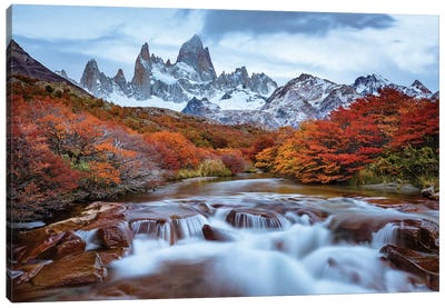 Argentina, Los Glaciares National Park. Mt. Fitz Roy And Lenga Beech Trees In Fall. Canvas Art Print - Yuri Choufour