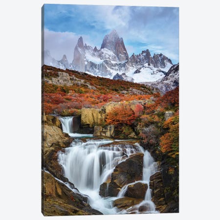 Argentina, Los Glaciares National Park. Mt. Fitz Roy And Waterfall In Fall. Canvas Print #YCH33} by Yuri Choufour Canvas Art Print