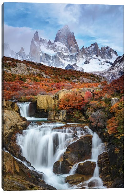 Argentina, Los Glaciares National Park. Mt. Fitz Roy And Waterfall In Fall. Canvas Art Print - Yuri Choufour