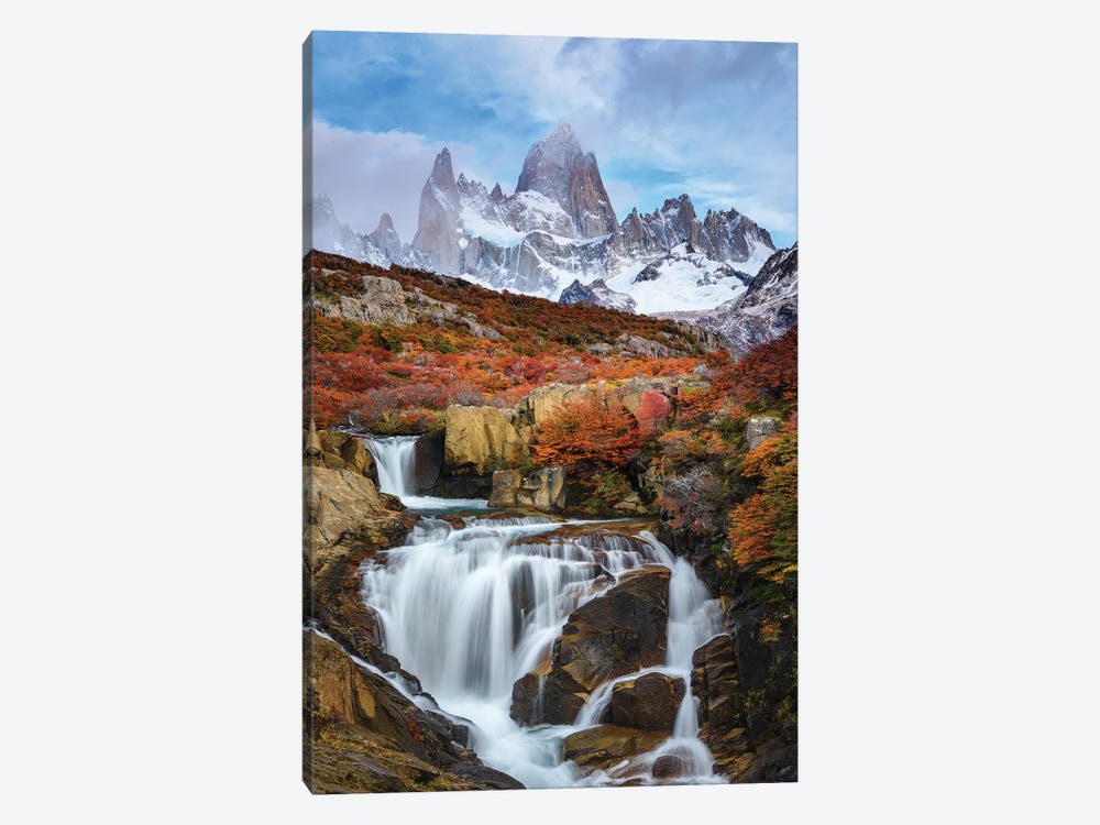 Argentina, Los Glaciares National Park. Mt. Fitz Roy And Waterfall In Fall. by Yuri Choufour 1-piece Canvas Art Print