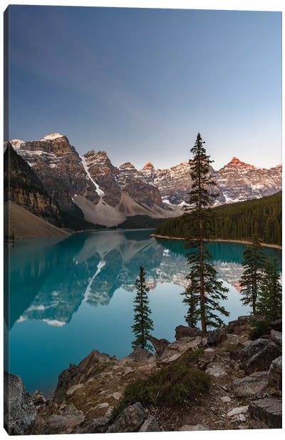 Canada, Alberta, Banff National Park, Moraine Lake At Sunrise. Canvas Art Print - Yuri Choufour