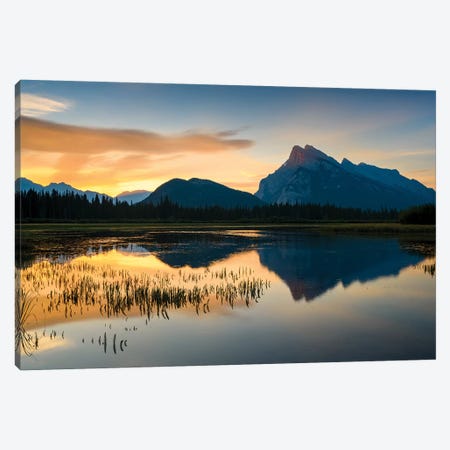 Canada, Alberta, Banff, Vermillion Lakes, Mount Rundle Sunrise Reflection. Canvas Print #YCH37} by Yuri Choufour Canvas Artwork