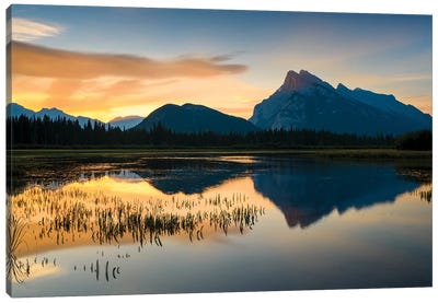 Canada, Alberta, Banff, Vermillion Lakes, Mount Rundle Sunrise Reflection. Canvas Art Print - Yuri Choufour