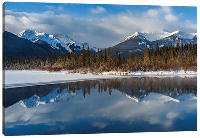 Canada, Alberta, Banff. Vermillion Lakes With Mountain Reflection In Winter. Canvas Art Print - Yuri Choufour