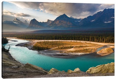 Canada, Alberta, Jasper National Park. Athabasca River Valley At First Light. Canvas Art Print - Yuri Choufour