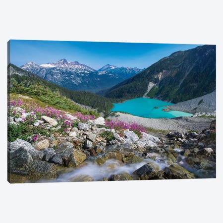 Canada, British Columbia, Joffre Lakes Provincial Park. Meltwater Stream Flows Past Wildflowers Into Upper Joffre Lake. Canvas Print #YCH58} by Yuri Choufour Art Print