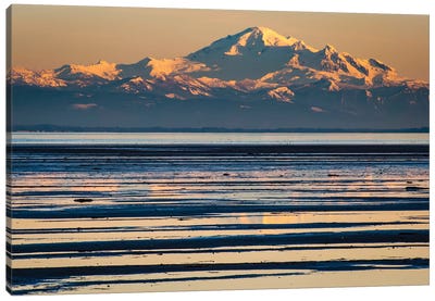 Canada, British Columbia. Boundary Bay, Mount Baker From The Shoreline At Sunset. Canvas Art Print - Yuri Choufour