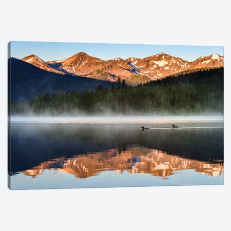 Canada, British Columbia. South Chilcotin Mountains Provincial Park, Spruce Lake Sunrise Reflections And Common Loons. Canvas Print #YCH89} by Yuri Choufour Canvas Artwork