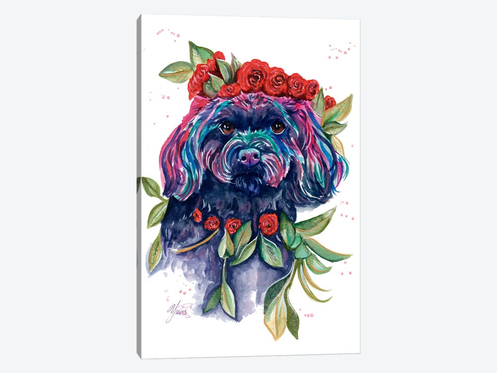 Poodle Puppy With Flowers by Yubis Guzman 1-piece Canvas Artwork