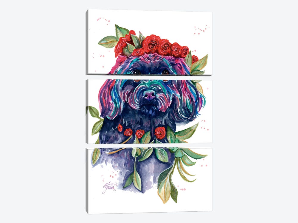 Poodle Puppy With Flowers by Yubis Guzman 3-piece Canvas Art