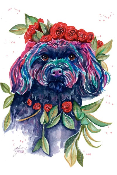 Yubis Guzman: Poodle Puppy With Flowers by Yubis Guzman