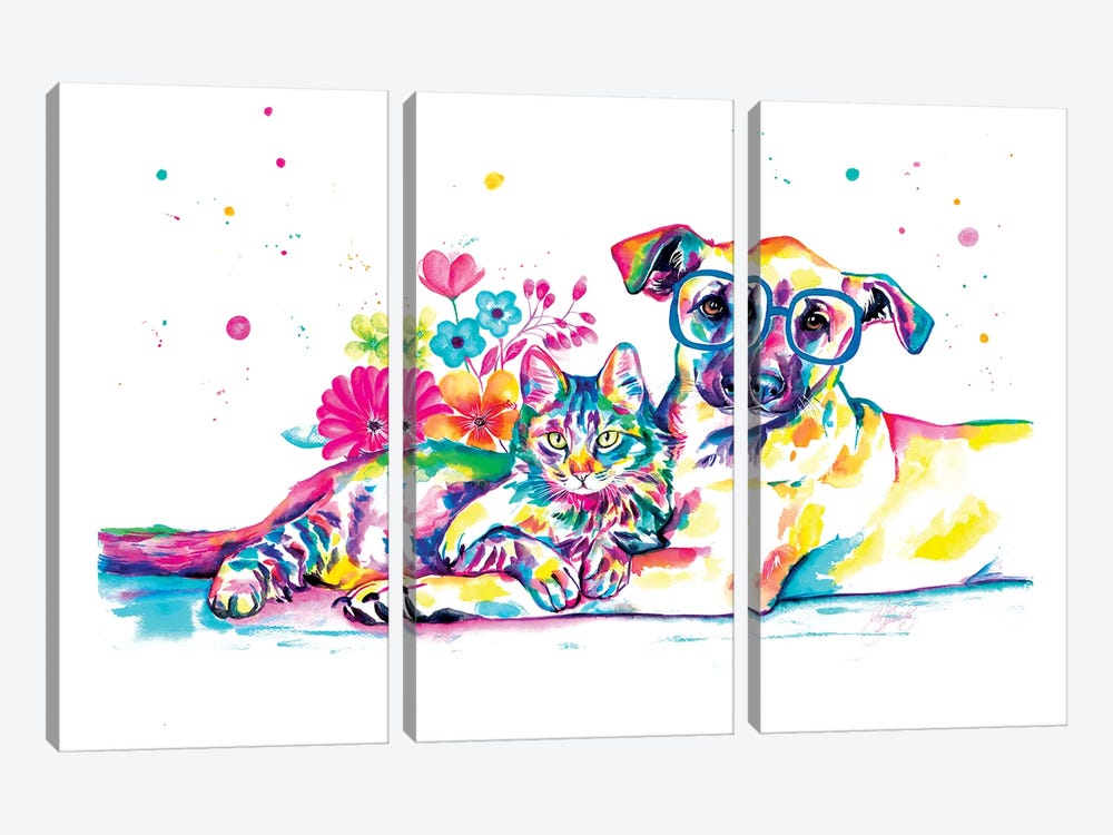 Gato Y Perro Amigos by Yubis Guzman 3-piece Art Print