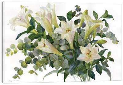 Lilies And All Shades Of Green Canvas Art Print - Botanical Illustrations