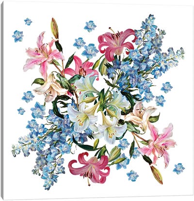 Composition With Lilies And Delphiniums Canvas Art Print - Botanical Illustrations