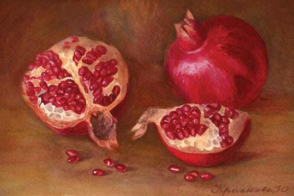 Intricate Watercolors: Pomegranates On The Table by Yulia Krasnov