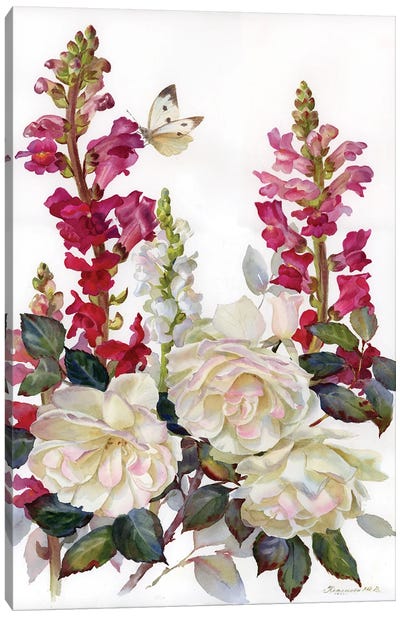 Snapdragon And Roses Canvas Art Print - Botanical Illustrations