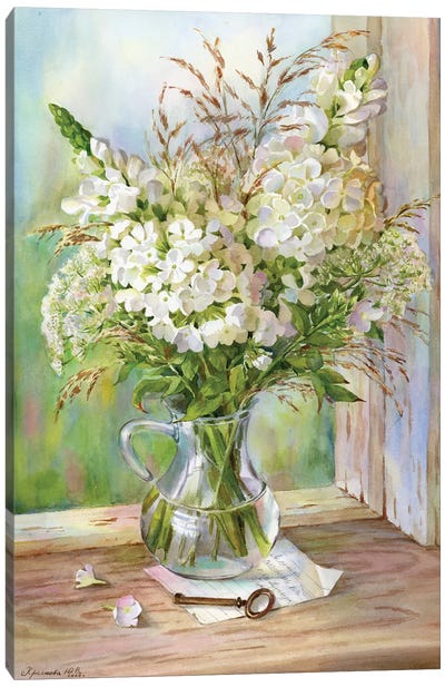 White Bouquet Canvas Art Print - Intricate Watercolors
