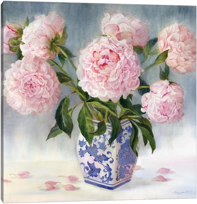 Peonies In A Chinese Vase Canvas Art Print - Pottery Still Life