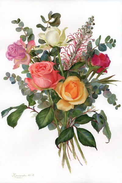 Botanical Illustrations: Bouquet Of Colorful Roses by Yulia Krasnov