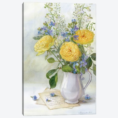 Bouquet With Yellow Roses And Delphinium Canvas Print #YKV61} by Yulia Krasnov Canvas Print